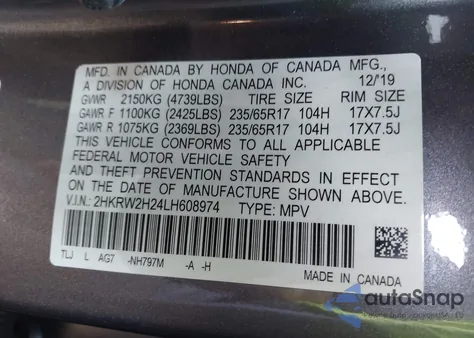 2020 Honda Cr-V Awd Lx из США, поврежденный, VIN 2HKRW2H24LH608974